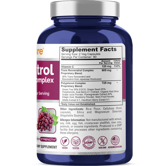 NusaPure Resveratrol & Polyphenol Komplex 1450mg 180 vegetarische Kapseln (GVO-frei, vegan) Vitamin C