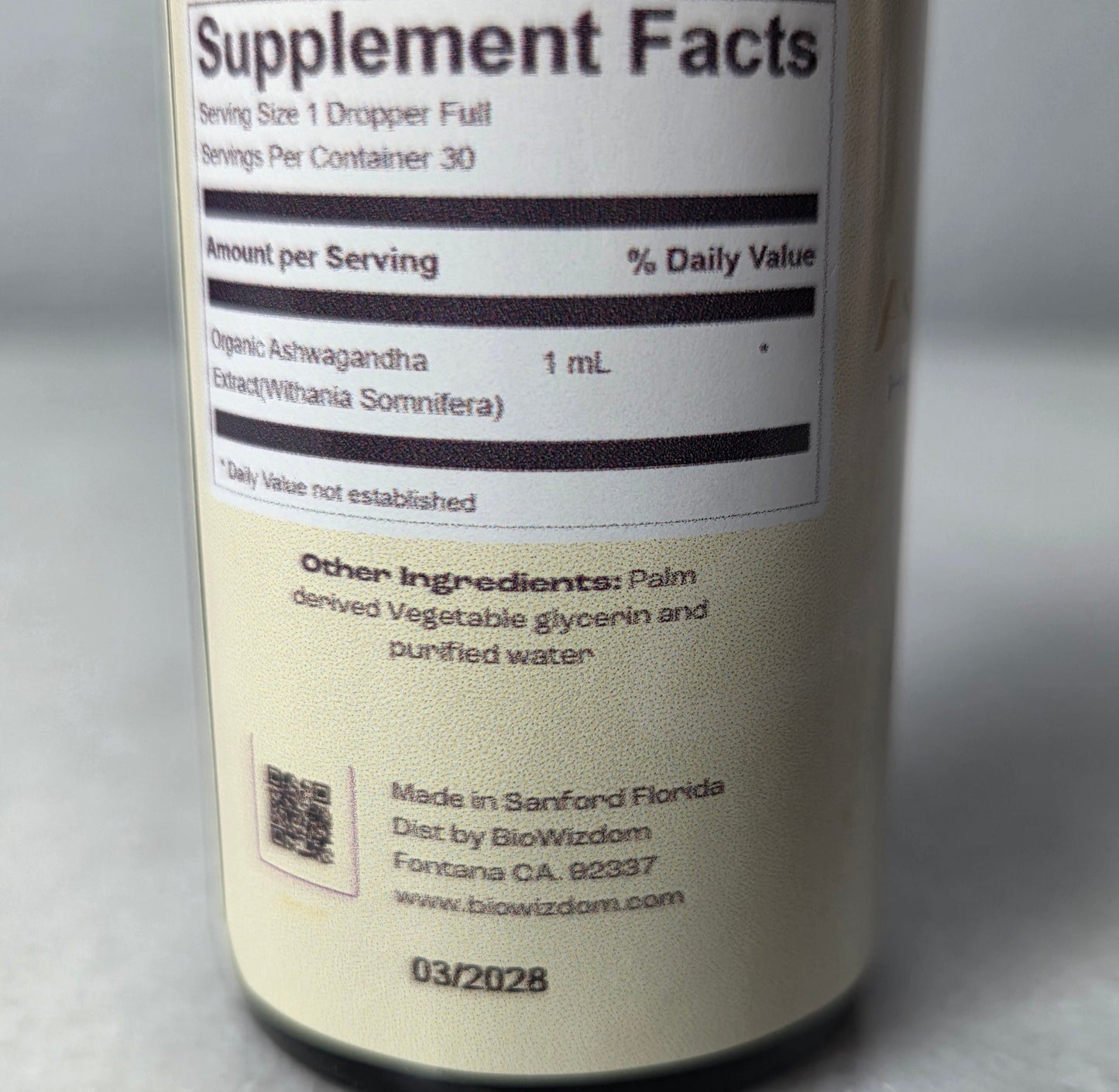 BioWizdom Ashwagandha Tincture 1 oz Bottle