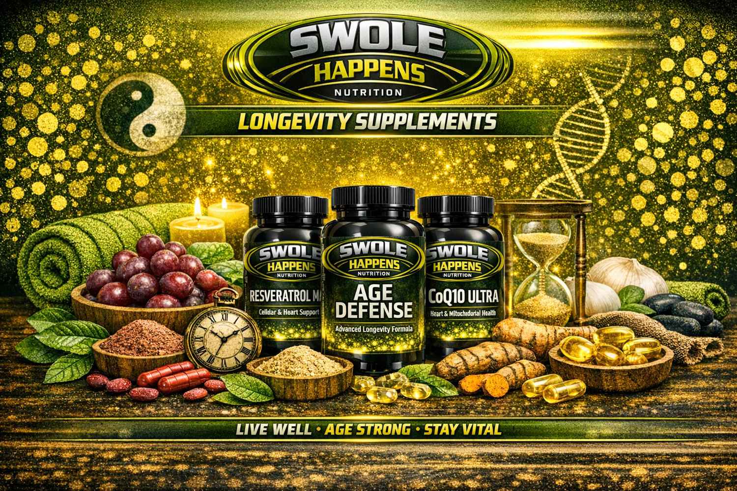 Longevity supplements by Swole Happens Nutrition designed to support healthy aging, cellular wellness, and daily vitality.