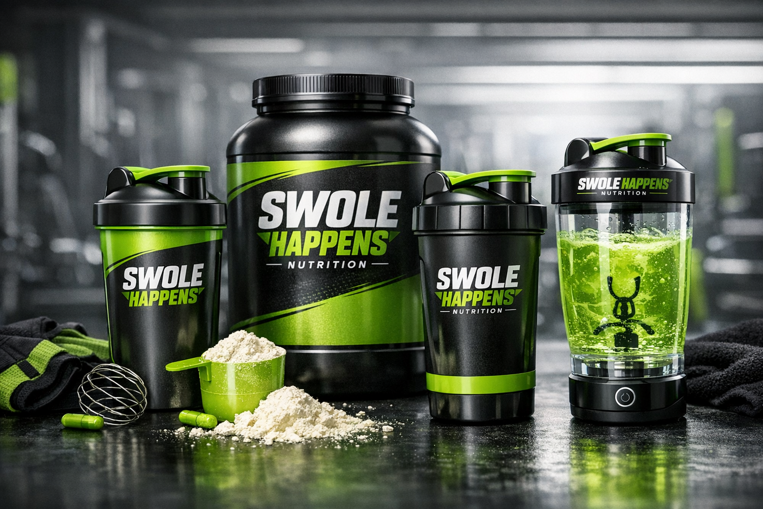 Shakers and mixers by Swole Happens Nutrition designed for smooth protein shakes, supplements, and workout drinks.