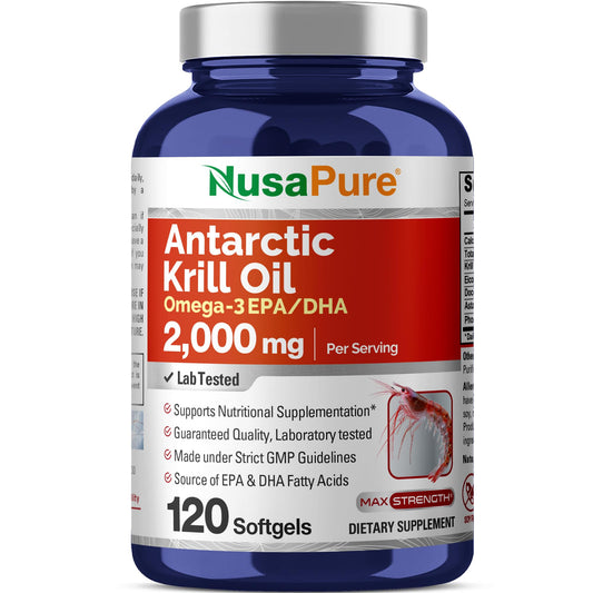 NusaPure Antarktisches Krillöl 2000 mg 120 Weichkapseln, Omega-3 EPA 360mg, DHA 240mg, Sojafreies Astaxanthin-Ergänzungsmittel aus Krill 800ppm