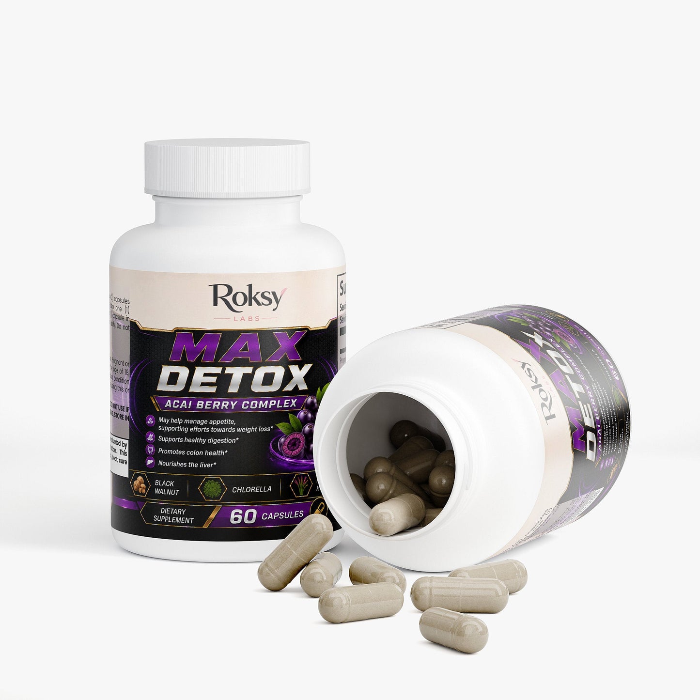 Max Detox Acai Berry Capsules for Cleanse Colon With Psyllium and Acai 60 ct
