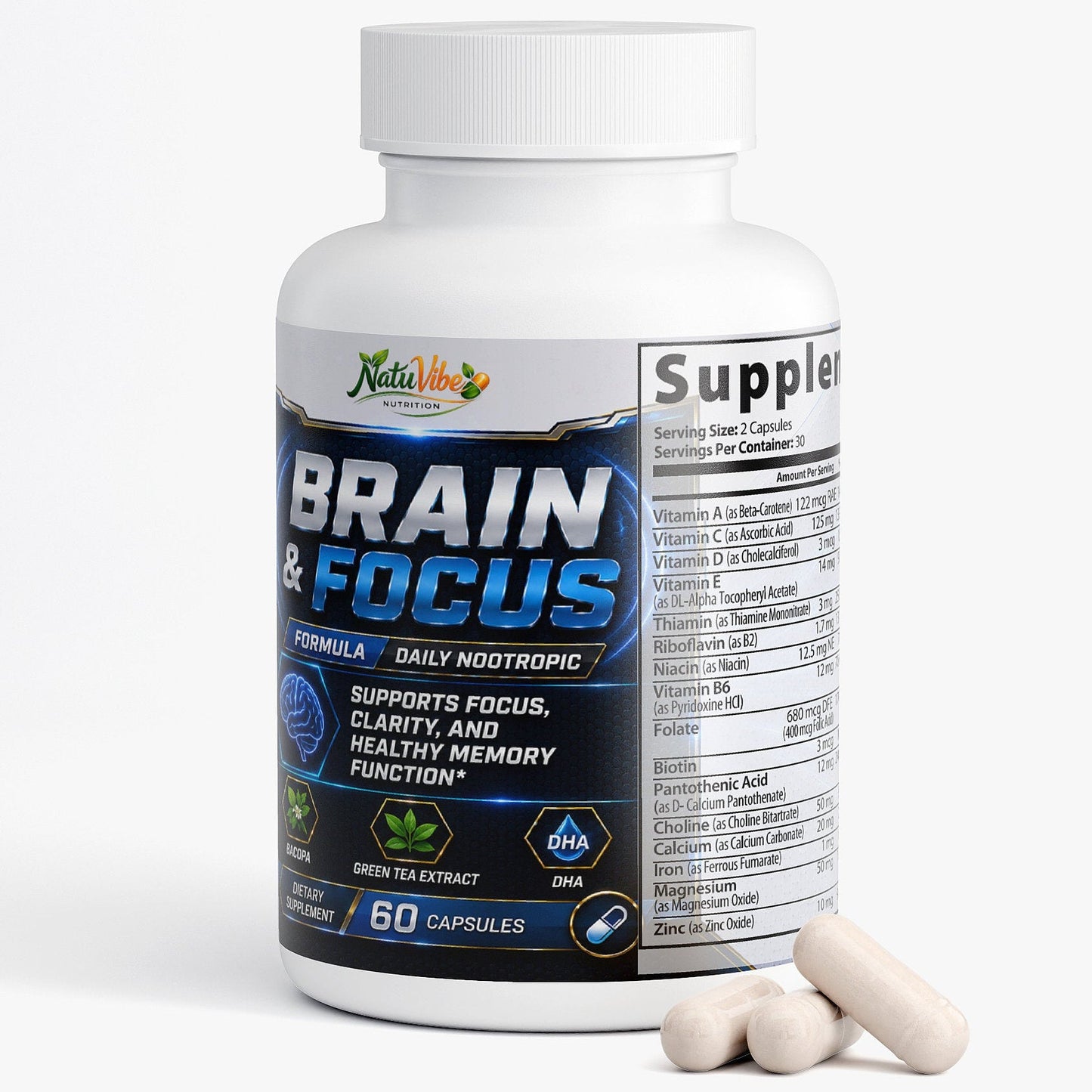 Brain & Focus Formula 60 Caps – Nootropic Brain Support for Memory & Energy