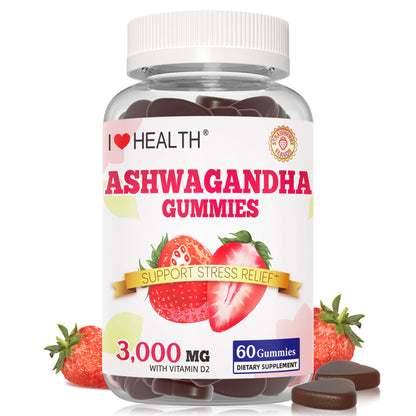 I Love Health Ashwagandha Gummies with Vitamin D2 - 3000mg Ashwagandha Extract (10:1) - Stress Relief, Sleep Support & Mood Calm - Strawberry Flavor - 60 Gummies - Non-GMO, Gluten-Free, 3rd Party Lab Tested, cGMP Certified