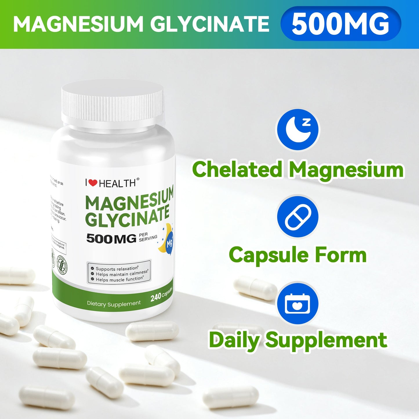 Magnesium Glycinate  – 240 Capsules – High Absorption Magnesium Supplement  – Gentle on Stomach – Made in USA