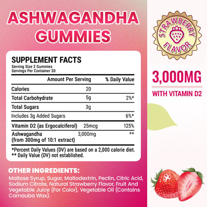 I Love Health Ashwagandha Gummies with Vitamin D2 - 3000mg Ashwagandha Extract (10:1) - Stress Relief, Sleep Support & Mood Calm - Strawberry Flavor - 60 Gummies - Non-GMO, Gluten-Free, 3rd Party Lab Tested, cGMP Certified