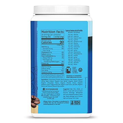 Organic Sunwarrior - Warrior Blend, Plant Based, Raw Vegan Protein Powder with Peas & Hemp, Chocolate, 30 Servings, 26.4 Ounce