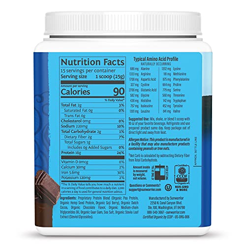 Organic Sunwarrior - Warrior Blend, Plant Based, Raw Vegan Protein Powder with Peas & Hemp, Chocolate, 30 Servings, 26.4 Ounce