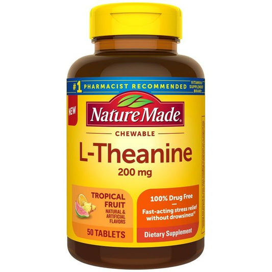 Nature Made L-Theanine 200 mg Chewable Tablets, Tropical Fruit Flavor (50 Count)