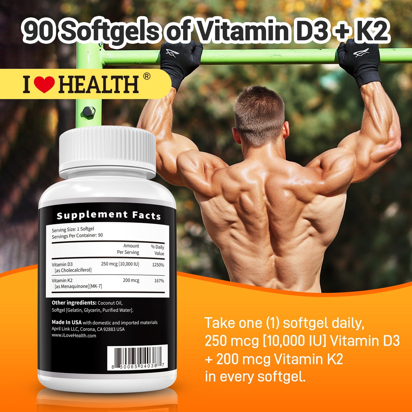 Vitamin D3 10000 IU with K2 (MK-7) Supplement – 90 Softgels – Non-GMO, Gluten-Free – Supports Bone, Heart & Immune Health – Enhanced Absorption – Made in USA