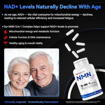 I Love Health NMN 5-In-1 Complex Plus+ for Women & Men W/ NAC, Alpha Lipoic Acid, NMN, Coenzyme Q10, Resveratrol | 60 Capsules | Supports Energy,Anti-Aging, Antioxidant & Cellular Health