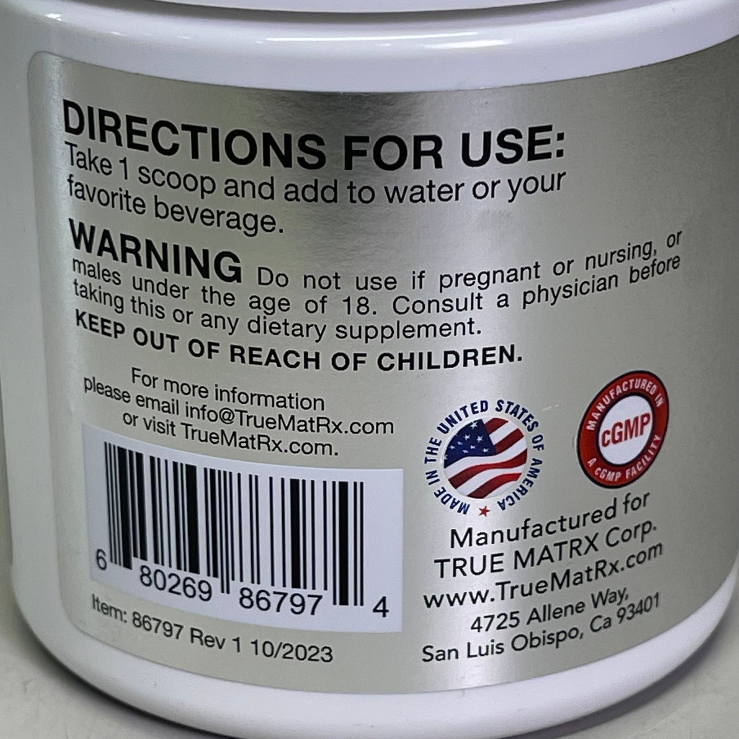 TRUE MATRX DNA Support Supplement 2.11 oz, 60 servings Silver 86797 Rev 1 BB 09/26