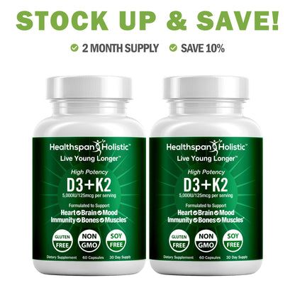 High Potency Vitamin D3 + K2 Supplement 60 Capsules