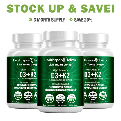 High Potency Vitamin D3 + K2 Supplement 60 Capsules