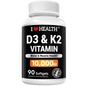 Vitamin D3 10000 IU with K2 (MK-7) Supplement – 90 Softgels – Non-GMO, Gluten-Free – Supports Bone, Heart & Immune Health – Enhanced Absorption – Made in USA