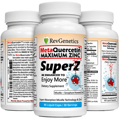 Super Z - Nano Quercetin with Zinc in Micelles Supplement - Advanced Micelle Ionophore Formula for Anti-aging Health - Immune to plain Zinc- Better than liposomal -By RevGenetics