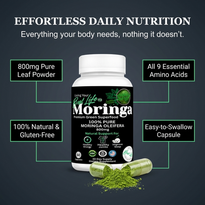 Moringa Capsules - Pure Moringa Powder, Energy, Skin, Immune & Gut Health Superfood, Rich in Antioxidants, Essential Vitamins & Amino Acids, Natural Green Superfood Supplement - 60 Count