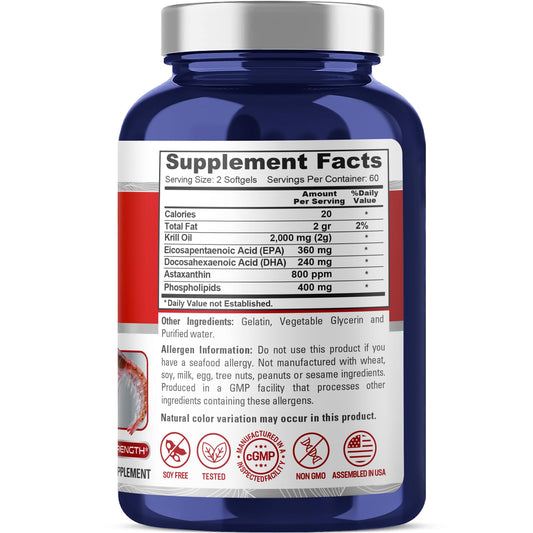 NusaPure Antarktisches Krillöl 2000 mg 120 Weichkapseln, Omega-3 EPA 360mg, DHA 240mg, Sojafreies Astaxanthin-Ergänzungsmittel aus Krill 800ppm