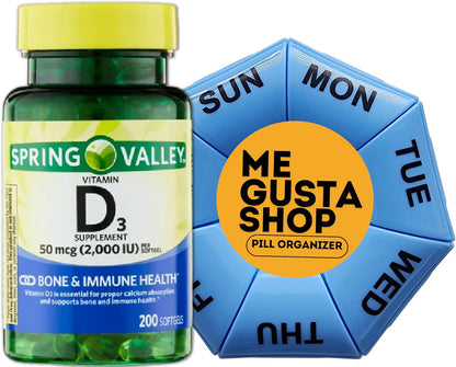 Vitamin D3 Supplement, 50 Mcg 2,000 IU, 200 Count Includes Pill Organizer