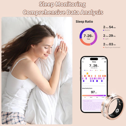 Smart Ring For Women, Health & Fitness Tracker With Heart Rate, Blood Oxygen, Sleep Monitoring, Elegant Rose Gold Design With Crystal Accents, IP68 Waterproof, Gesture Control