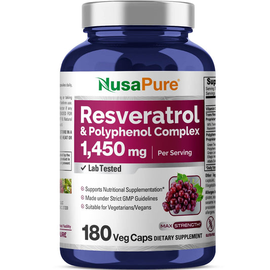 NusaPure Resveratrol & Polyphenol Komplex 1450mg 180 vegetarische Kapseln (GVO-frei, vegan) Vitamin C