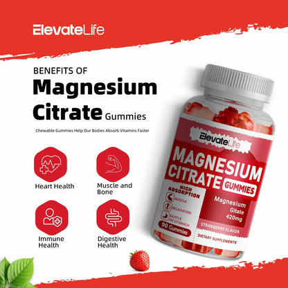 BestBy09/26 ElevateLife Magnesium Citrate Gummies 420mg 90 Vegan Strawberry