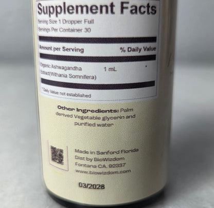 BioWizdom Ashwagandha Tincture 1 oz Bottle